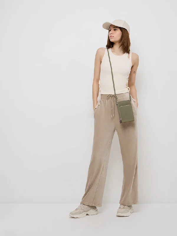 Studiofit Beige Ribbed Textured High-Rise Track Pants Comfy High-Waist Jeans