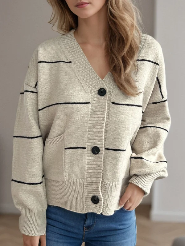 Lorelia Striped Button Down V-Neck Long Sleeve Cardigan Crew Neck V-Neck Turtle Neck Lorelia Striped Button Down V-Neck Long Sleeve Cardigan Crew Neck V-Neck Turtle Neck