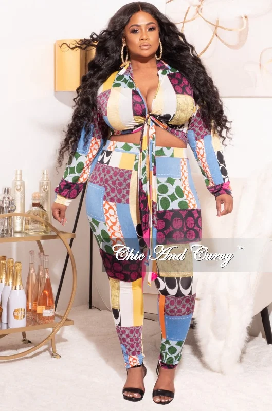 Final Sale Plus Size 2pc Set Multi-Colorblock Print Tie Top & Pants Trendy Work Pants