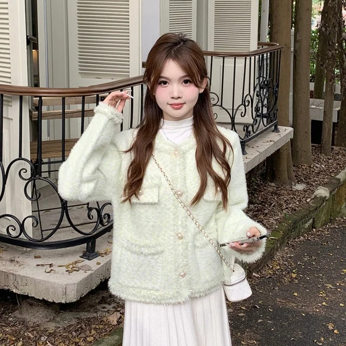 Milky Mint Fuzzy Cardigan Top Fitted Loose Oversized