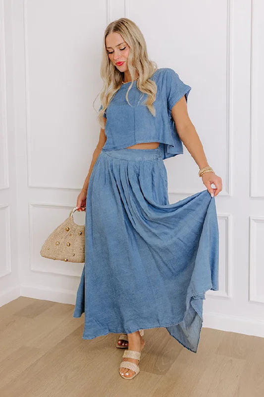 Farmers Market Stroll High Waist Chambray Midi Skirt athletic skirt fit