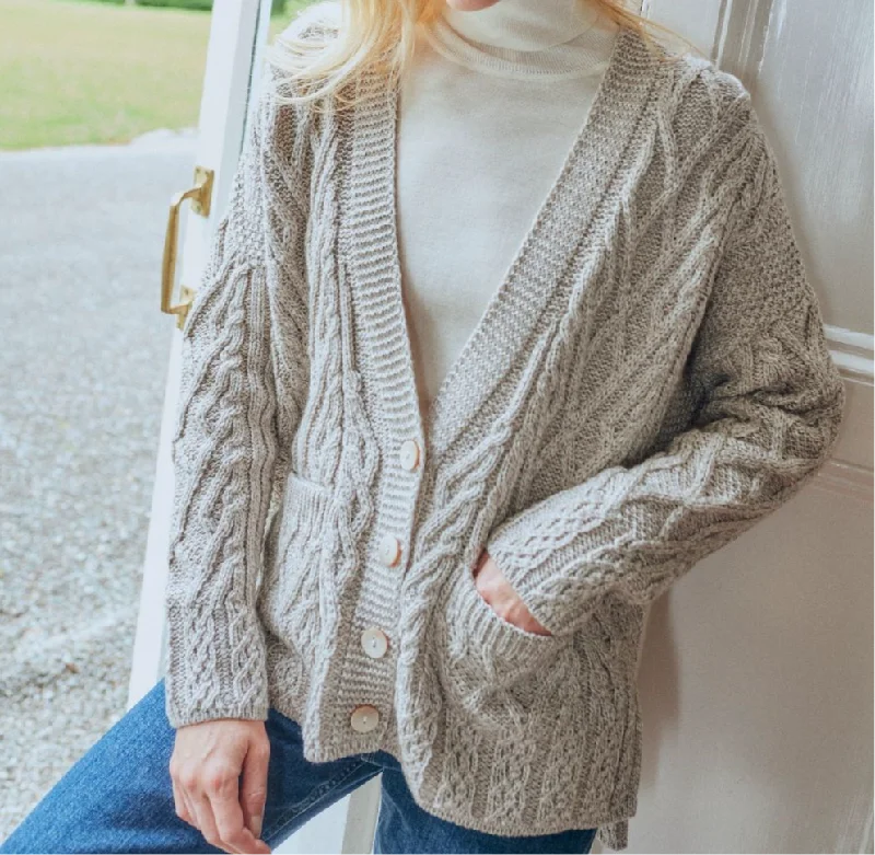 Aran Woollen Mills Vented Box Cardigan with Trellis Satin Blend Silk Blend Wool Blend