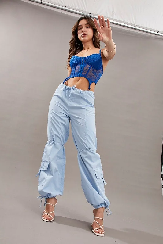 Blue Cargo Parachute Pants Relaxed Soft Sweatpants Style