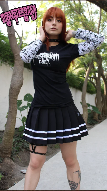 Monsterdam - Pleated  Solid Black w/ white stripe Skirt zip skirt side