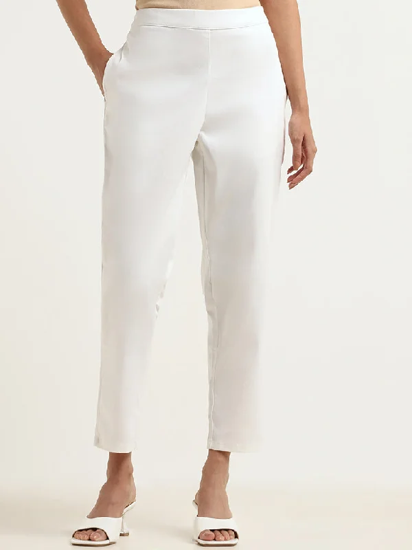 Utsa White Cotton-Blend Straight-Leg Pants Lightweight Linen Pants
