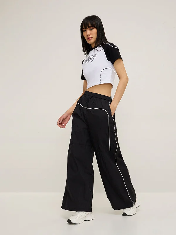 Nuon Black Striped High-Rise Track Pants Trendy Velvet Pants