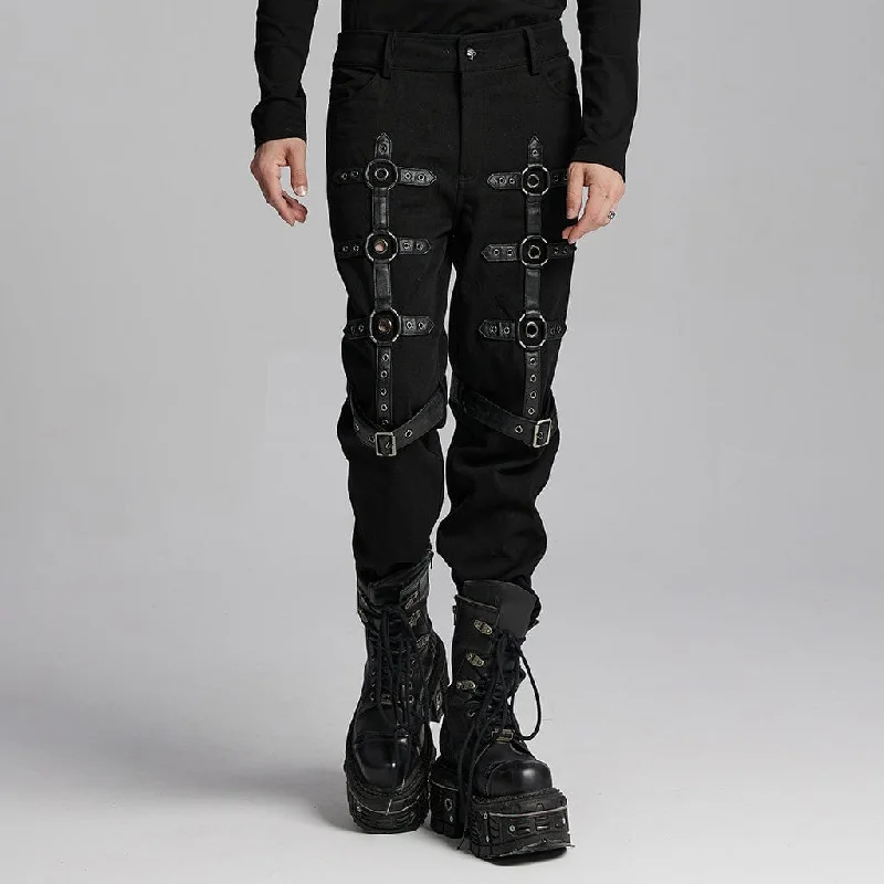 Men's Punk Buckle-up Eyelets Ring Pants Slim-Fit Khaki Pants