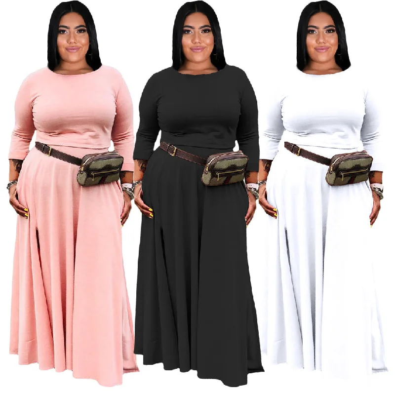 2 Piece Sets Women Plus Size Fashion Casual Solid Basic O Neck Plus Size Two Pieces Skirts Set leather skirt durable