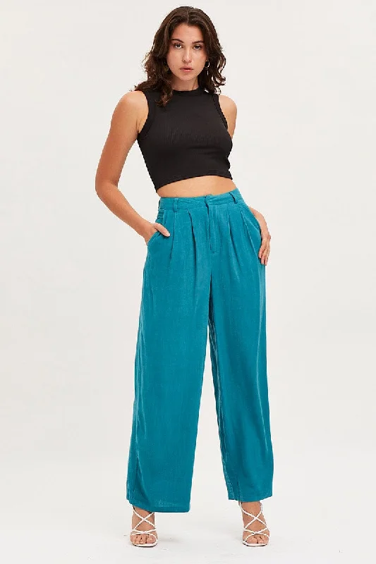 Blue Wide Leg Pants High Rise Comfortable Fleece Pants