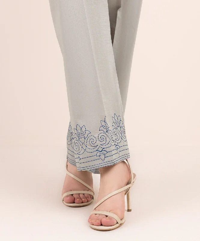 Embroidered Crosshatch Straight Pants Relaxed High-Waist Trousers