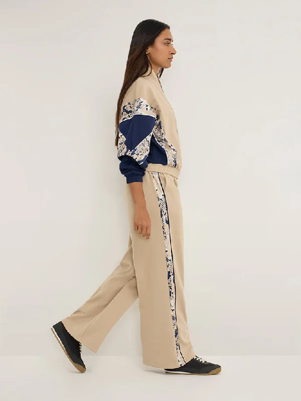LOV Beige Abstract Design High-Rise Cotton-Blend Track Pants Warm Wool Trousers