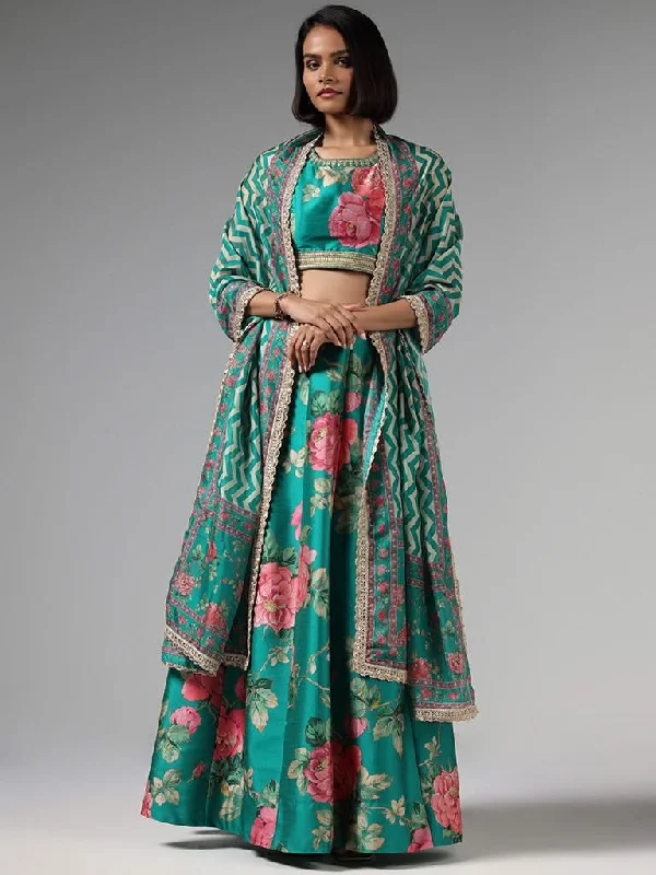 Vark Green Floral Printed Choli, Skirt & Dupatta Set chiffon skirt flowing