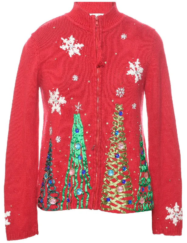 Christmas Tree Design Cardigan - S Iron Safe Non-Iron Wrinkle Free