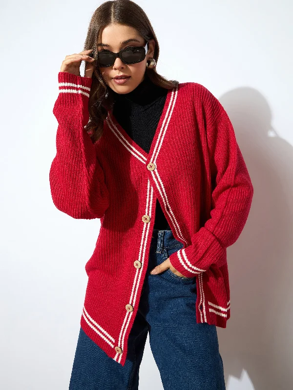 Women Red Front Button Oversized Cardigan Front Pockets Side Pockets Patch Pockets