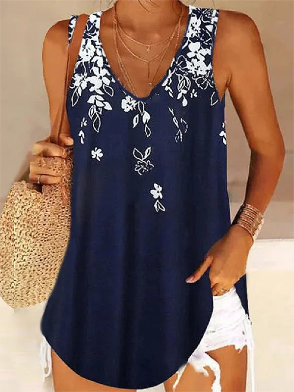 Women'S Loose V-Neck Sleeveless Floral Print Fashion Casual Top Tank cozy tank top
