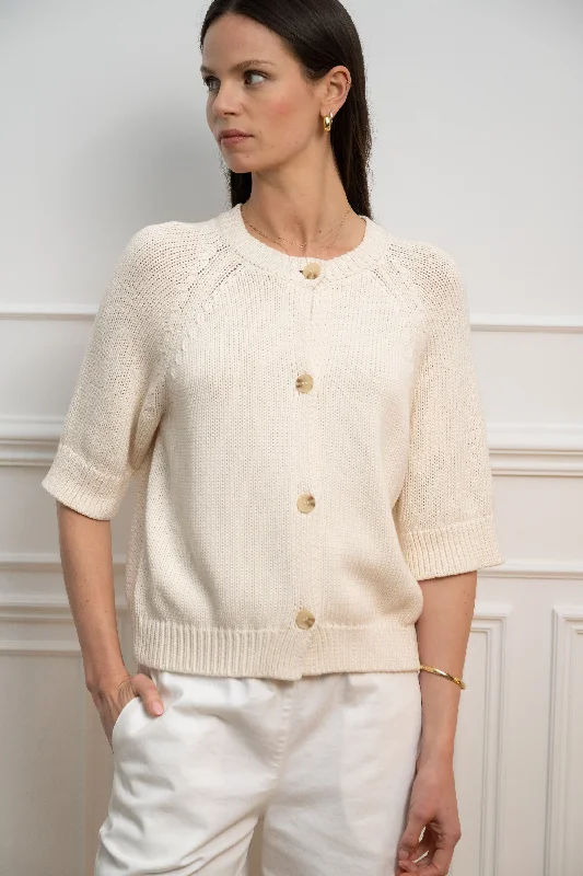 JEFF Cream Short-Sleeve Cardigan Thin Thick Dense