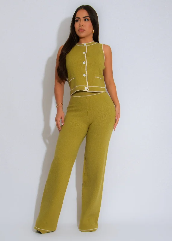 The Manhattan Knit Pant Set Green Casual Wide Pants