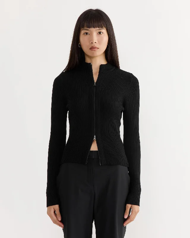 Ribbed Mock Neck Cardigan in Black Iron Safe Non-Iron Wrinkle Free