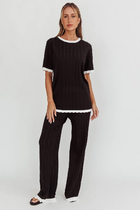 Liloh Contrast Trim Ribbed Knit Pants Black High-Waist Trousers