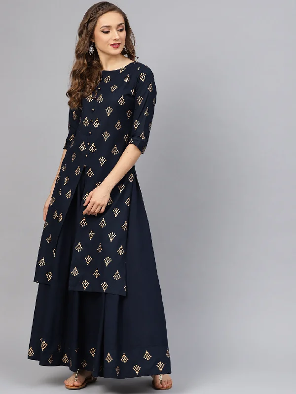 Women's Printed Kurta With Navy Blue Skirt - Idalia corduroy skirt comfortable