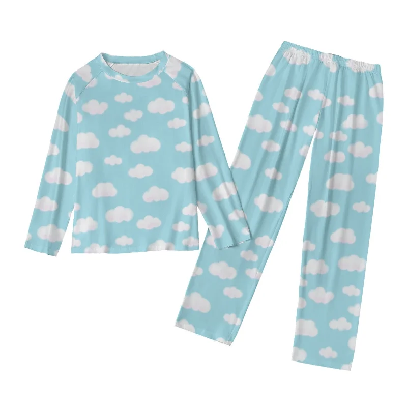 Dreamy Clouds Women's Raglan Long Sleeve Top With Wide Ankle Pants Pajamas Set (Sky Blue) Elegant Silk Pants
