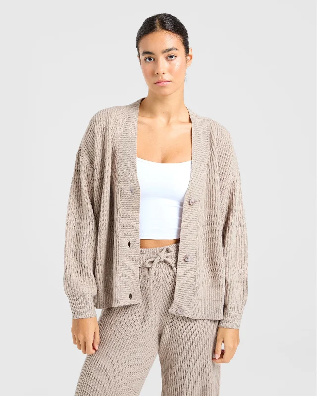 Lounge Oversized Knit Cardigan - Taupe Braun Mesh Blend Leather Blend Suede Blend