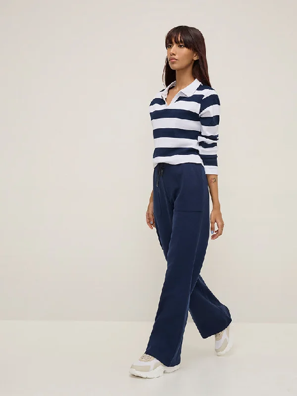 Studiofit Navy High-Rise Cotton-Blend Track Pants Comfy Cargo Trousers