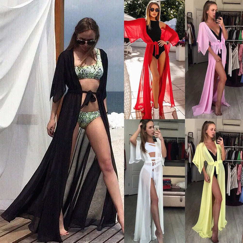Sexy Women Chiffon Kimono Beach Cover-Ups Cardigan Bikini Cover Up Long Maxi Dress Wrap Beachwear Long Blouse Ribbed Striped Patterned