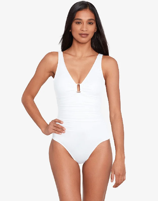 Beach Club Solids Ring Front Swimsuit - White Vibrant Bikini Bottoms