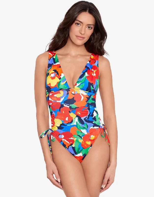 Bold Abstract Floral Ruched Plunge Swimsuit Tropical Print Bikini