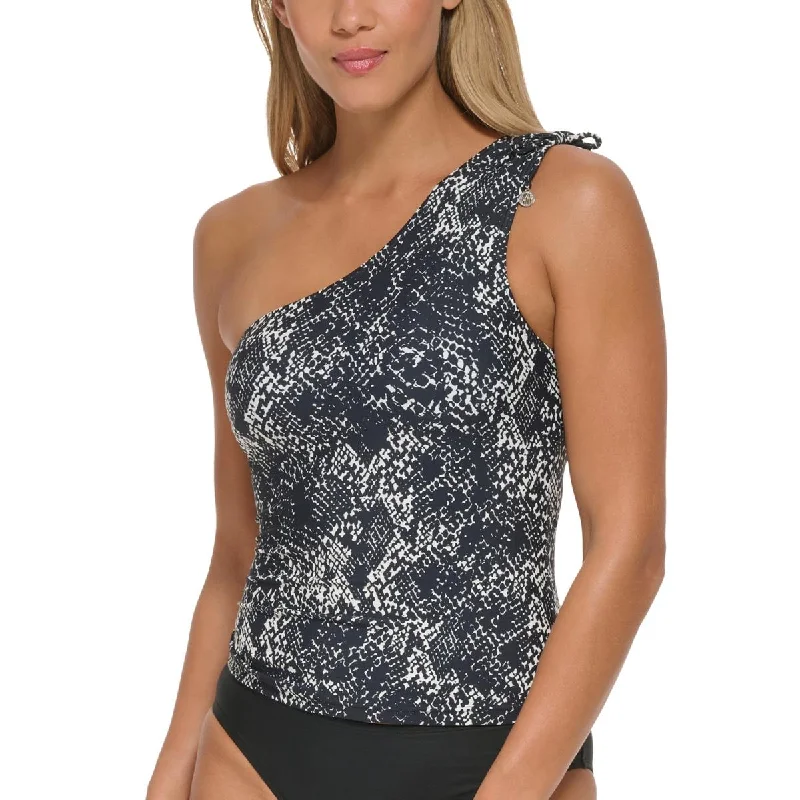 DKNY Swimwear Womens Printed One-Shoulder Tankini Swim Top Luxury Swimsuit Style