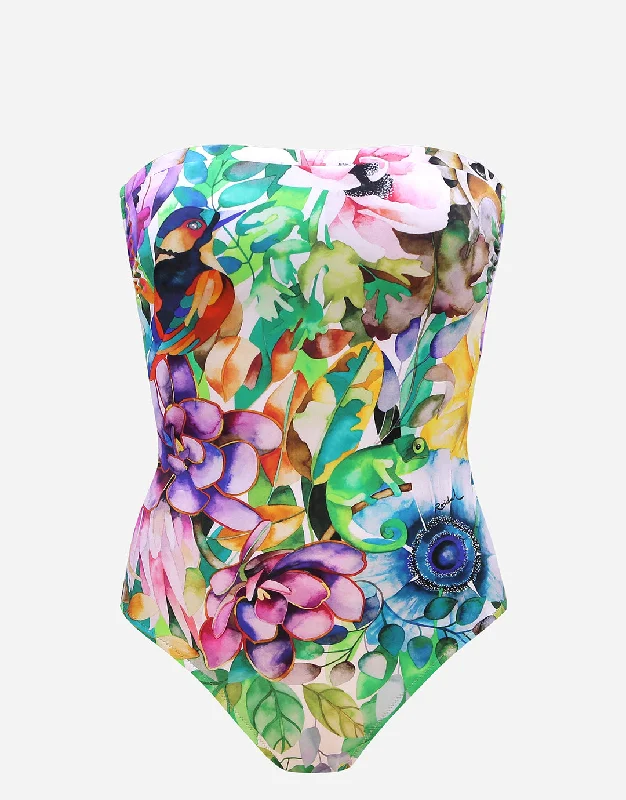 Jungle Bandeau Swimsuit - Jungle Print Sleek Mesh Bikini