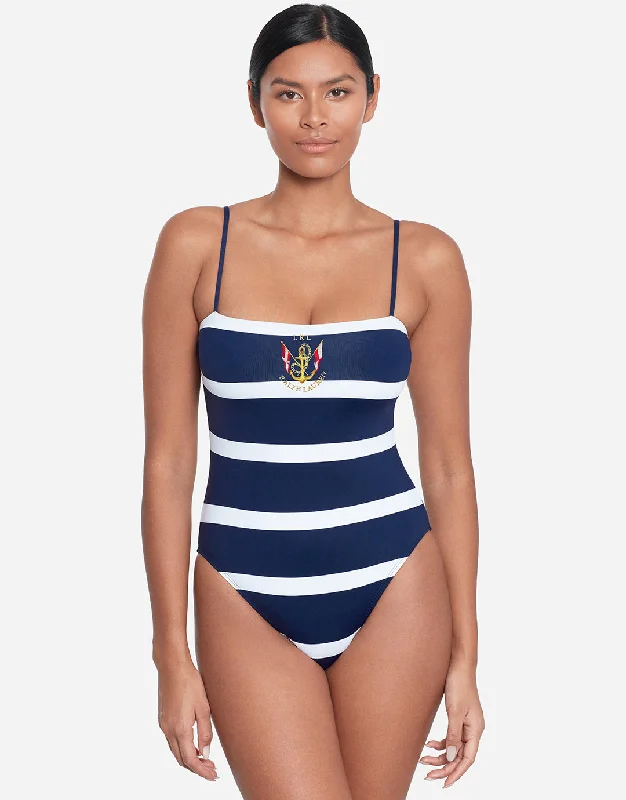 Mariner Stripe Embroidered Square Neck Swimsuit - Navy and White Sleek Racerback Swimsuit Mariner Stripe Embroidered Square Neck Swimsuit - Navy and White Sleek Racerback Swimsuit