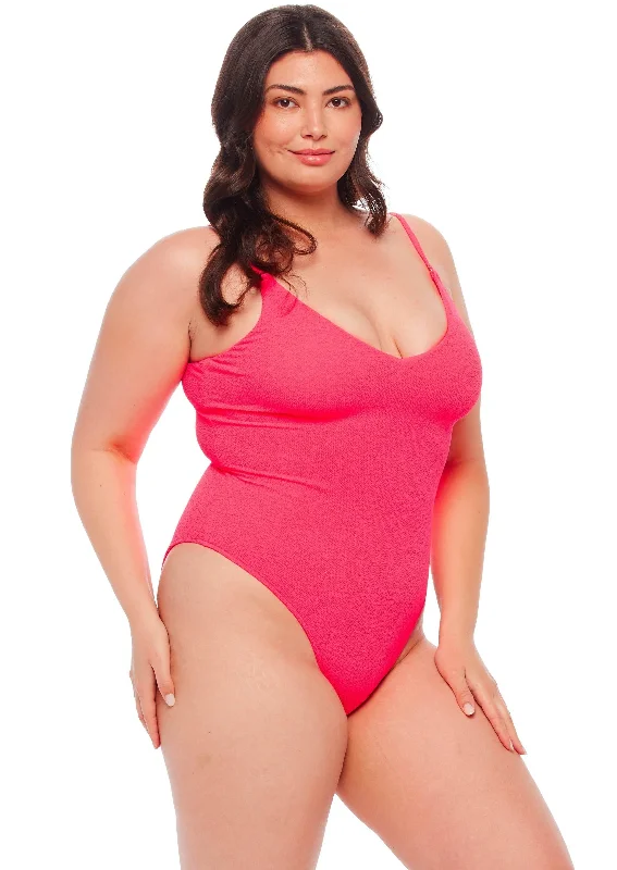 Miami V Neck One Piece Swimsuit - Zinnia Pink Sporty Swimwear Bottoms