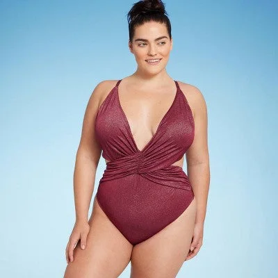 New - Women's Monokini Plunge Cut Out High Leg Lurex One Piece Swimsuit - Shade & Push-Up Bikini Top New - Women's Monokini Plunge Cut Out High Leg Lurex One Piece Swimsuit - Shade & Push-Up Bikini Top