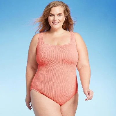 New - Women's Pucker Square Neck One Piece Swimsuit - Kona Sol Coral Pink 14 Swimsuit with Skirt New - Women's Pucker Square Neck One Piece Swimsuit - Kona Sol Coral Pink 14 Swimsuit with Skirt