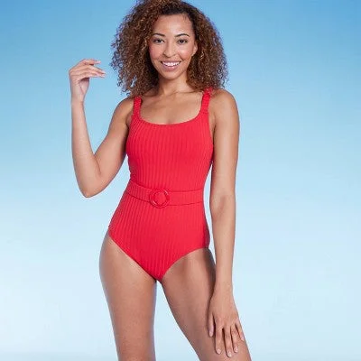 New - Women's Ribbed Front Belt Full Coverage One Piece Swimsuit - Shade & Shore Red Strap Bikini Set New - Women's Ribbed Front Belt Full Coverage One Piece Swimsuit - Shade & Shore Red Strap Bikini Set