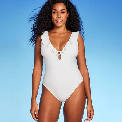 New - Women's Ruffle Plunge One Piece Swimsuit - Shade & Shore Off-White S Sexy Swimwear Set New - Women's Ruffle Plunge One Piece Swimsuit - Shade & Shore Off-White S Sexy Swimwear Set
