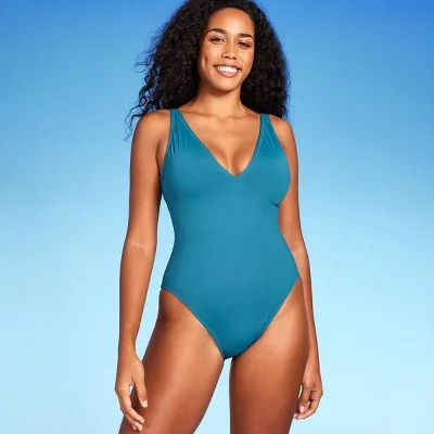 New - Women's Shaping Plunge High Leg One Piece Swimsuit - Shade & Shore Teal Blue L High-Waisted Swim Bottoms New - Women's Shaping Plunge High Leg One Piece Swimsuit - Shade & Shore Teal Blue L High-Waisted Swim Bottoms
