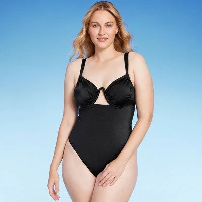 New - Women's Shirred Cup Underwire High Leg One Piece Swimsuit - Shade & Shore Black Full Coverage Swimsuit