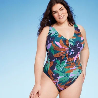 New - Women's Shirred Plunge One Piece Swimsuit - Shade & Shore Multi Floral Print 17 Swim Skirt Set New - Women's Shirred Plunge One Piece Swimsuit - Shade & Shore Multi Floral Print 17 Swim Skirt Set