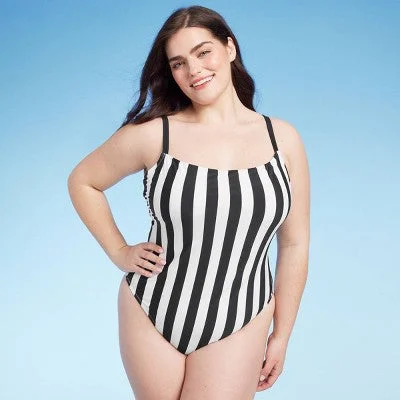 New - Women's Square Neck High Leg Cheeky One Piece Swimsuit - Shade & Shore Black Striped 20 Sporty Racerback Swimsuit New - Women's Square Neck High Leg Cheeky One Piece Swimsuit - Shade & Shore Black Striped 20 Sporty Racerback Swimsuit