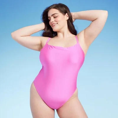 New - Women's Square Neck High Leg Cheeky One Piece Swimsuit - Shade & Shore Pink Shine 16 Elegant Ruffle Swimsuit New - Women's Square Neck High Leg Cheeky One Piece Swimsuit - Shade & Shore Pink Shine 16 Elegant Ruffle Swimsuit