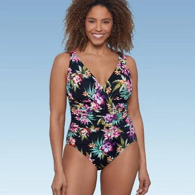 New - Aqua Green Shape + Style Women's One Piece Swimsuit V-Neck, Floral Print 14 Bold Swimsuit Design