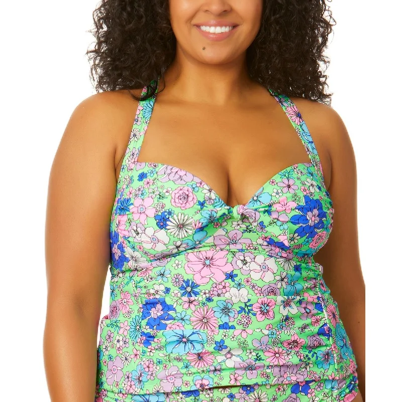 Salt + Cove Womens Plus Floral Print Ruched Tankini Swim Top Tropical Print Bikini