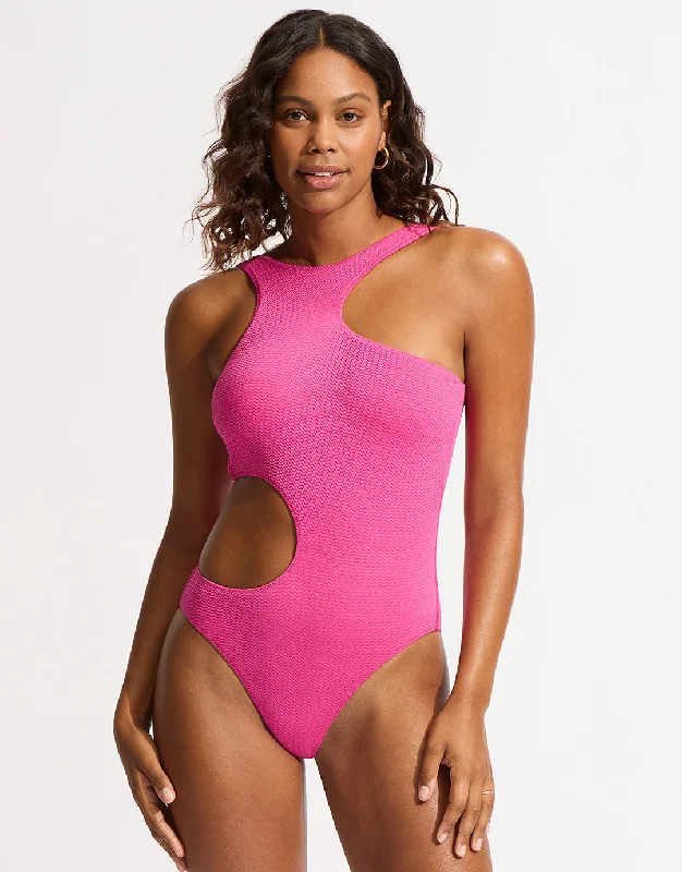 Sea Dive Cut Out Swimsuit - Fuchsia Rose Sleek Full Coverage
