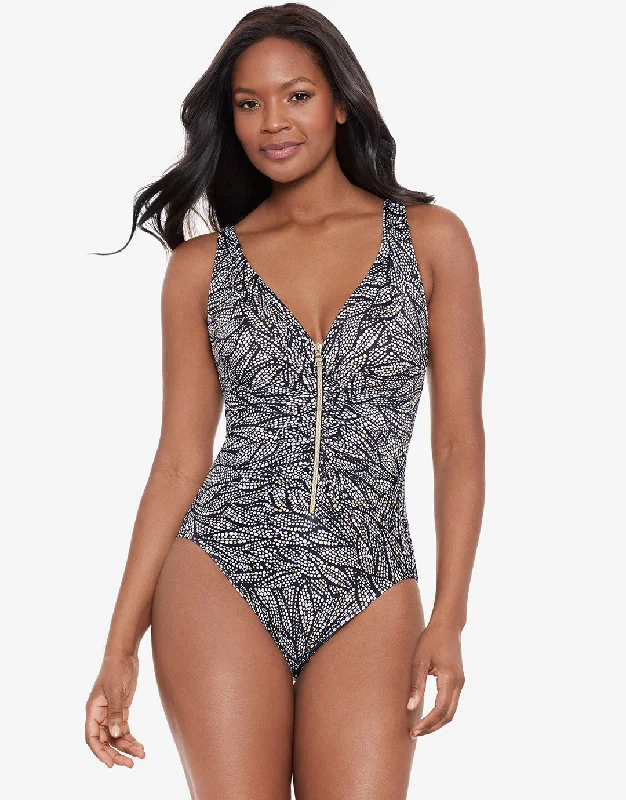 Shore Leave Zipt Swimsuit - Black and White Classic Monokini Design