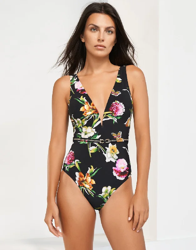 Siciliana Plunge Swimsuit - Black-Brights Halter Top Bikini