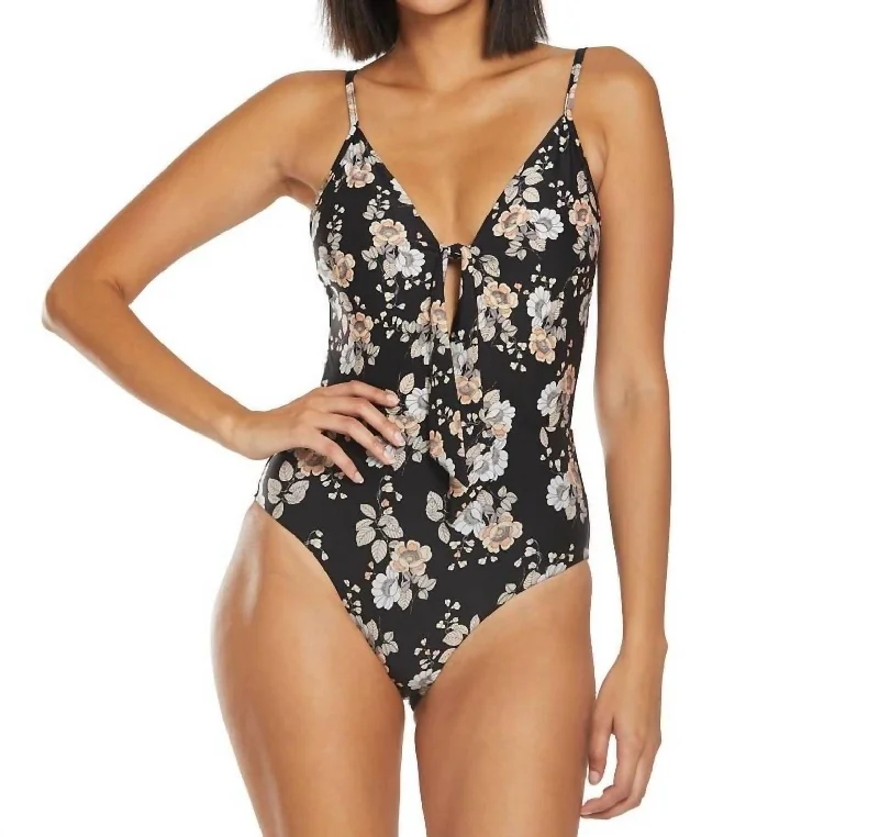 Splendour Tie Front One Piece Swimsuit In Black Sporty Swimsuit Style