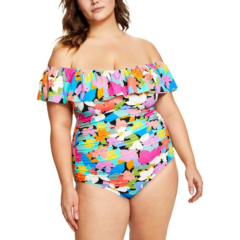 Swim Solutions Womens Off-The-Shoulder Floral Print One-Piece Swimsuit Sexy Cutout Swimsuit Swim Solutions Womens Off-The-Shoulder Floral Print One-Piece Swimsuit Sexy Cutout Swimsuit
